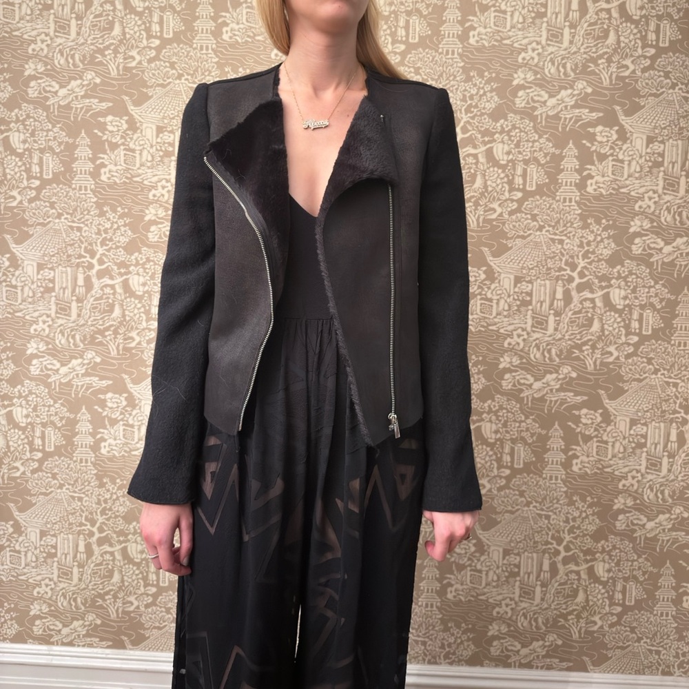 Zara Black Leather Jacket with Shearling Detail